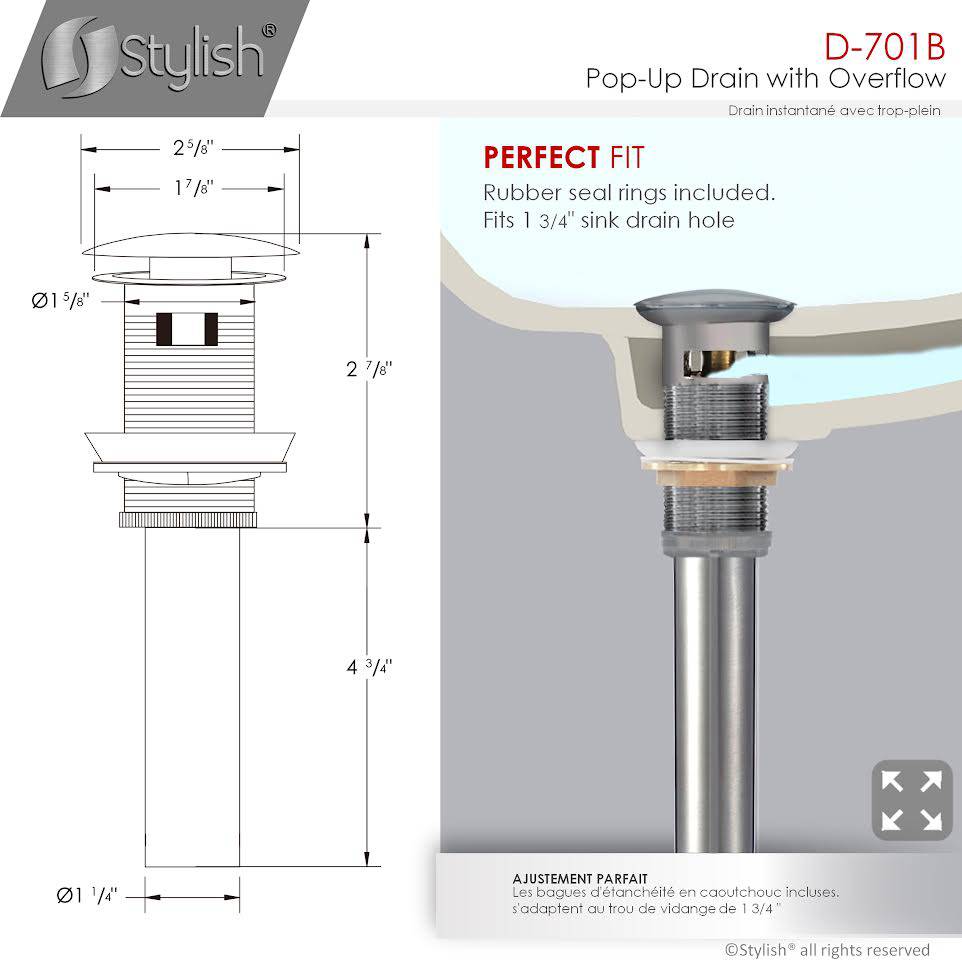 Stylish Pop-Up Drain with Overflow, Brushed Nickel Finish D-701B - Renoz