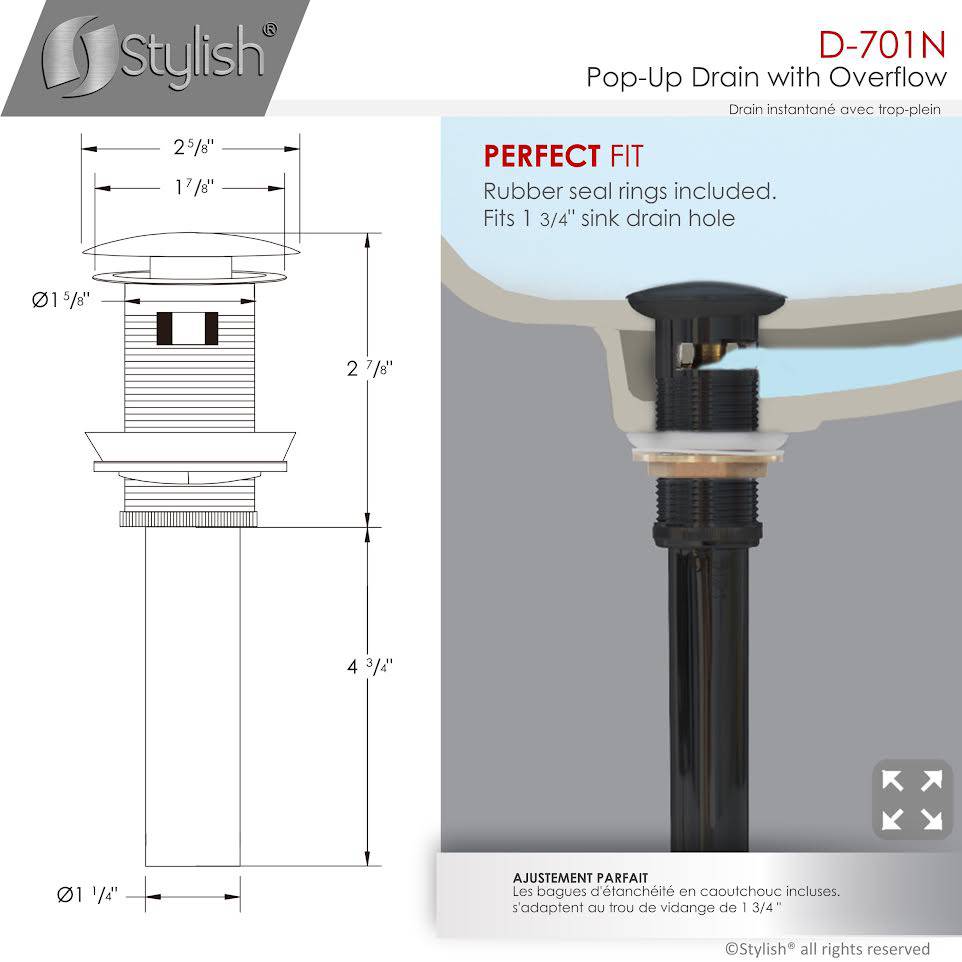 Stylish Pop-Up Drain with Overflow D-701N - Renoz