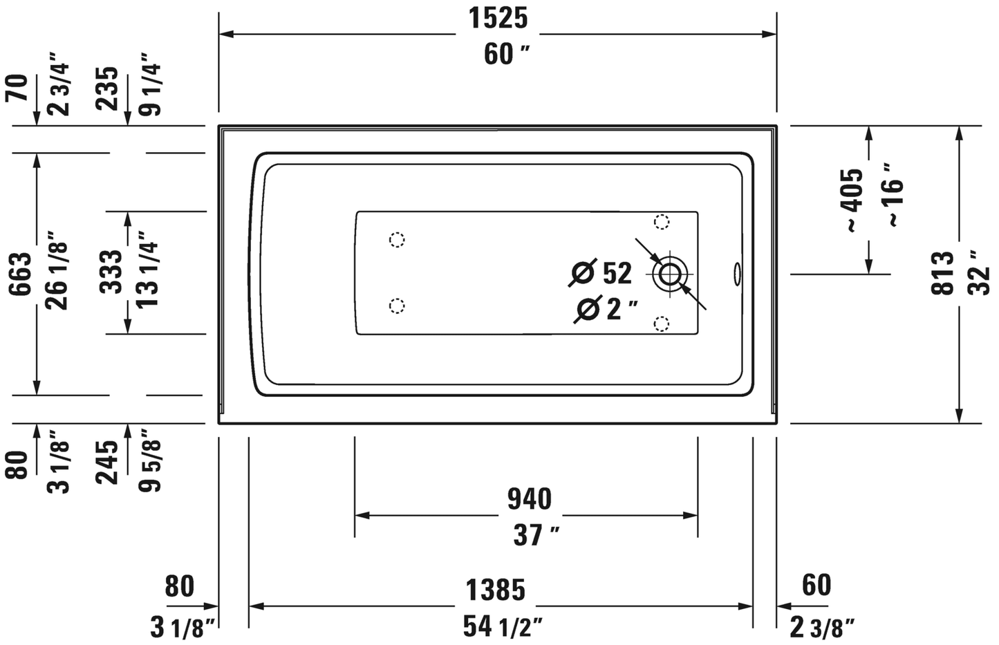 Baignoire Duravit avec bride de carrelage et tablier 60x32, RH, blanc (19 1/4") - 700353000000090