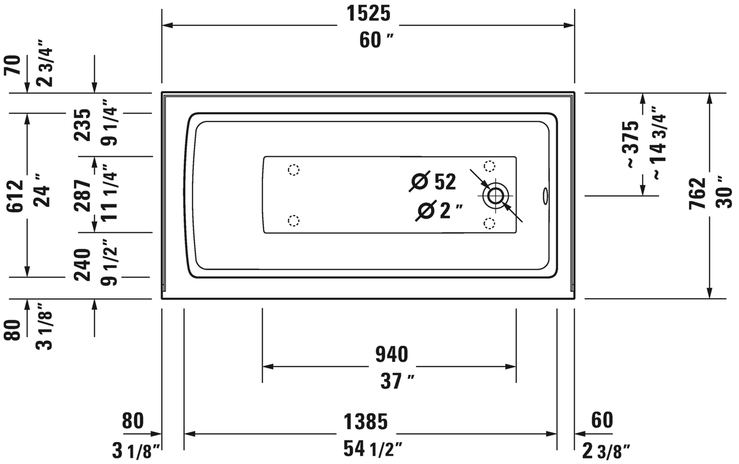 Duravit Bathtub With Tile Flange And Apron 60x30, RH, White (19 1/4") - 700355000000090