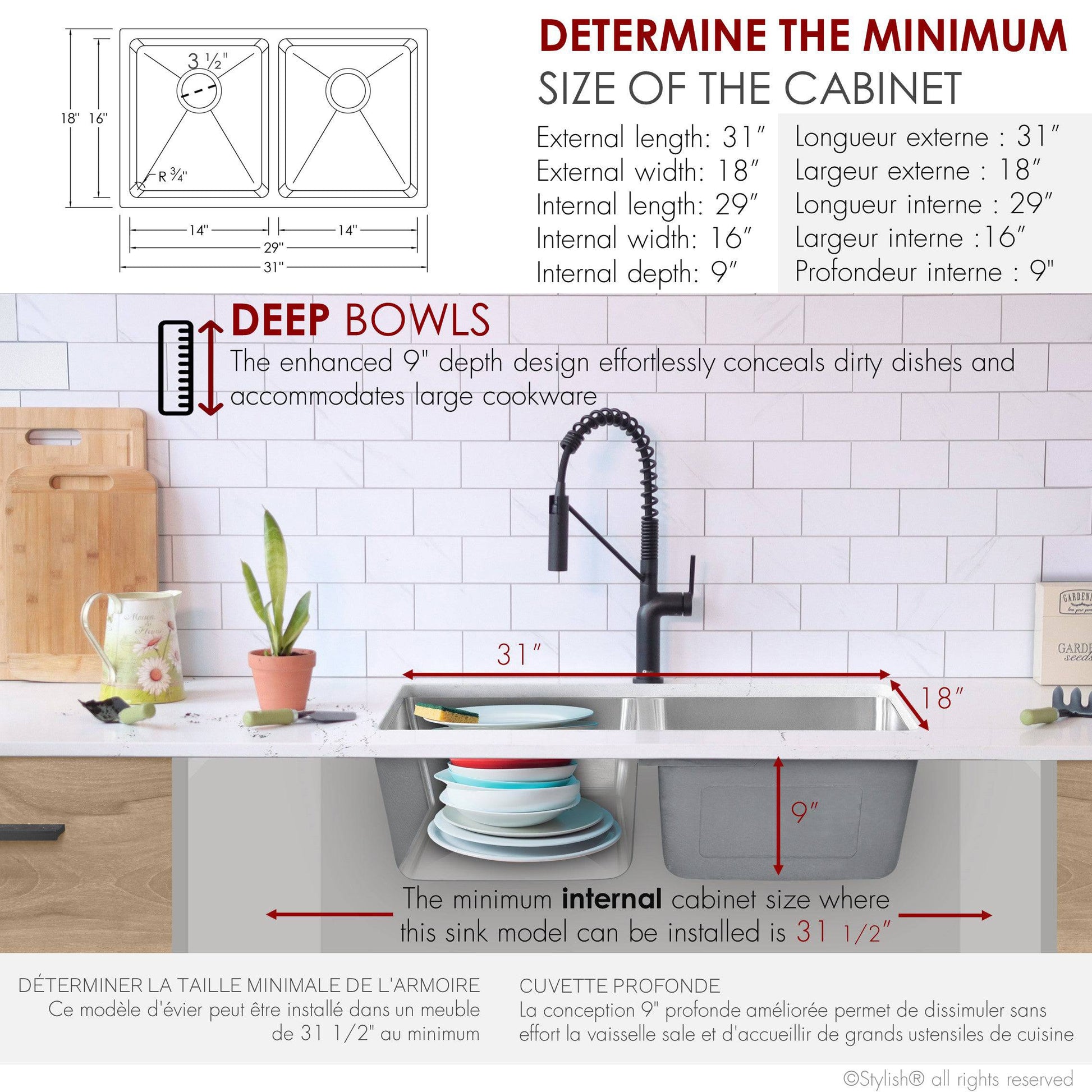 Stylish Toledo  31" Double Bowl Undermount Stainless Steel Kitchen Sink (S-410G) - Renoz