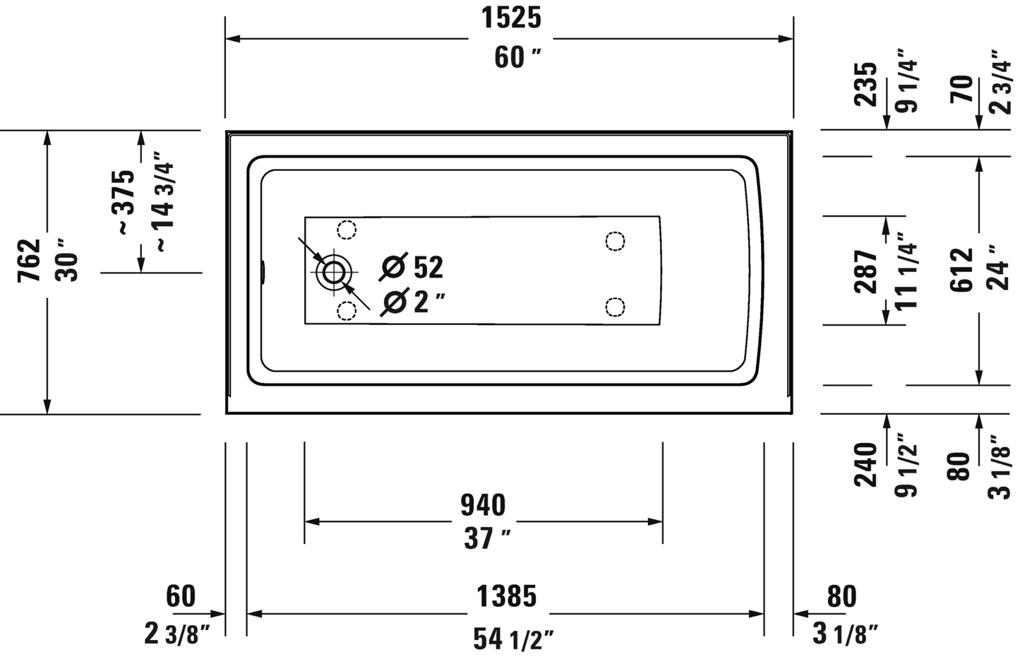 Duravit ADA Bathtub With Tile Flange And Apron 60x30, LH, White (18")