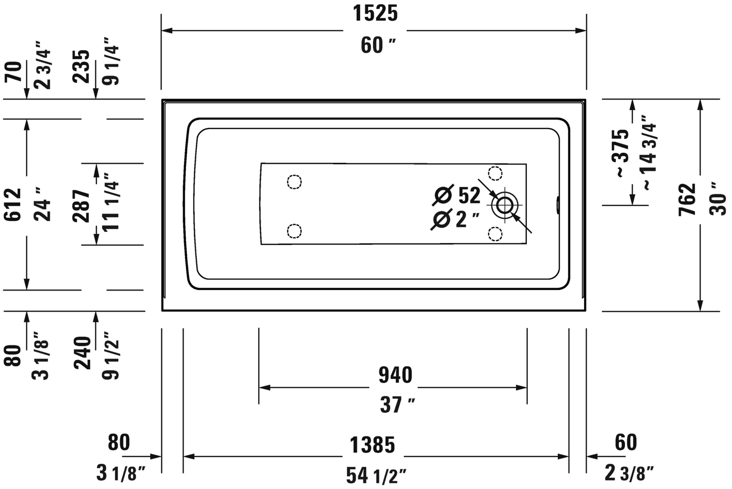 Duravit ADA Bathtub With Tile Flange And Apron 60x30, RH, White (18")