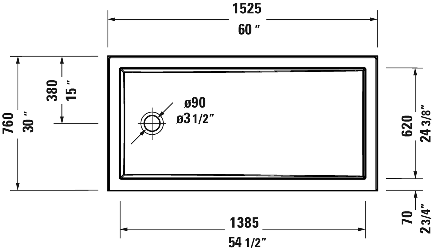 Base de douche Duravit profil bas 60"x30", bride intégrée gauche, blanc - 720246000000090