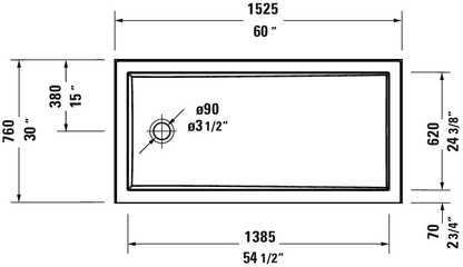 Base de douche Duravit profil bas 60"x30", bride intégrée gauche, blanc - 720246000000090