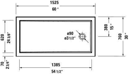 Base de douche Duravit profil bas 60"x30", bride intégrée droite, blanc