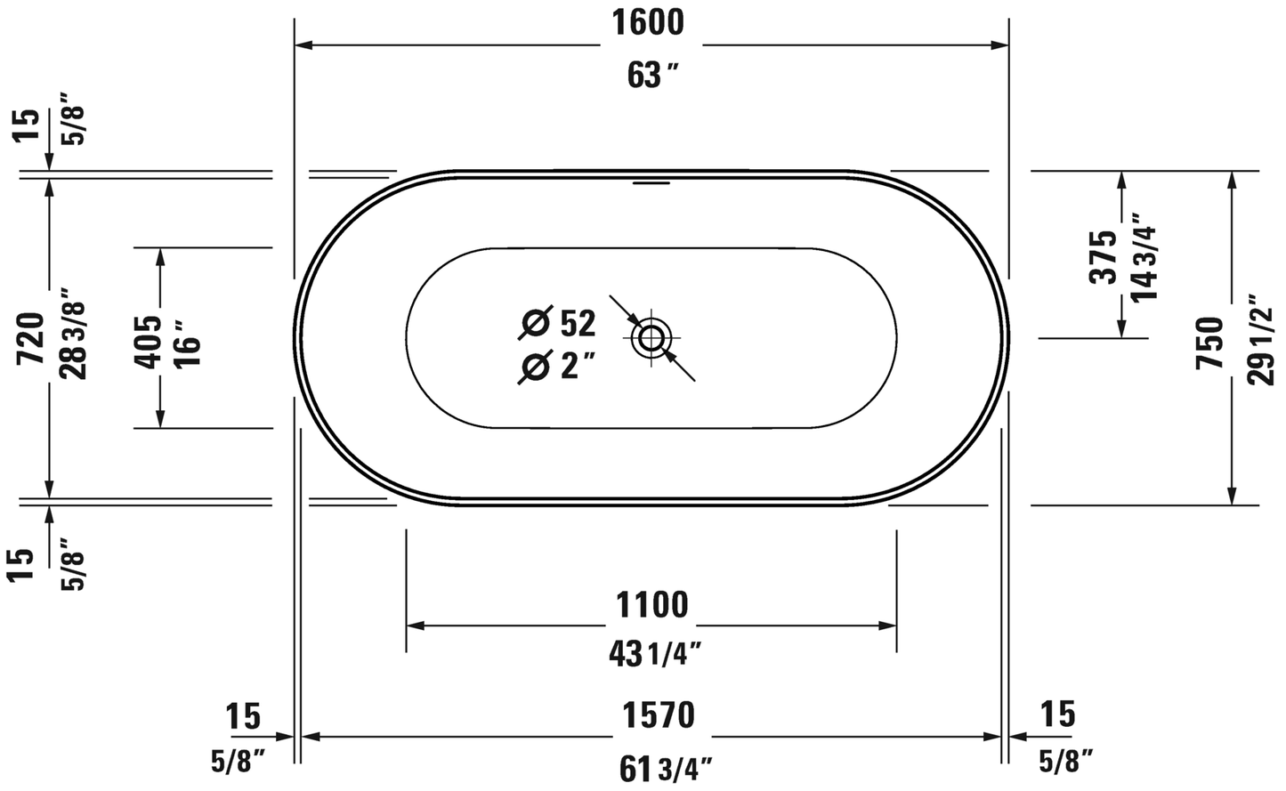 Duravit Freestanding Bathub 63" x 29 1/2" White - 700525000000090