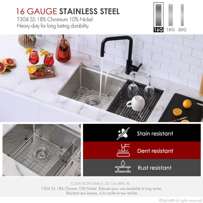 Stylish Boron 30 inch Workstation Double Bowl Undermount and Drop-in 16 Gauge Stainless Steel Kitchen Sink with Built in Accessories