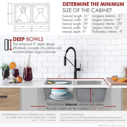 Stylish 31"  Double Bowl Undermount Stainless Steel Kitchen Sink S-401 - Renoz