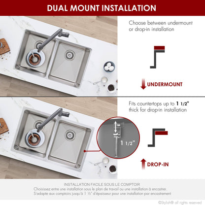 Stylish 31"  Double Bowl Undermount Stainless Steel Kitchen Sink S-401 - Renoz