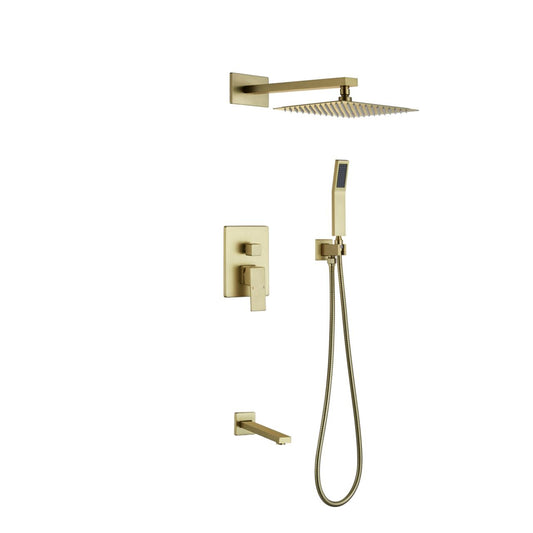 Kube Bath Aqua Piazza Shower Set With 12" Square Rain Shower, Handheld and Tub Filler - Brushed Gold