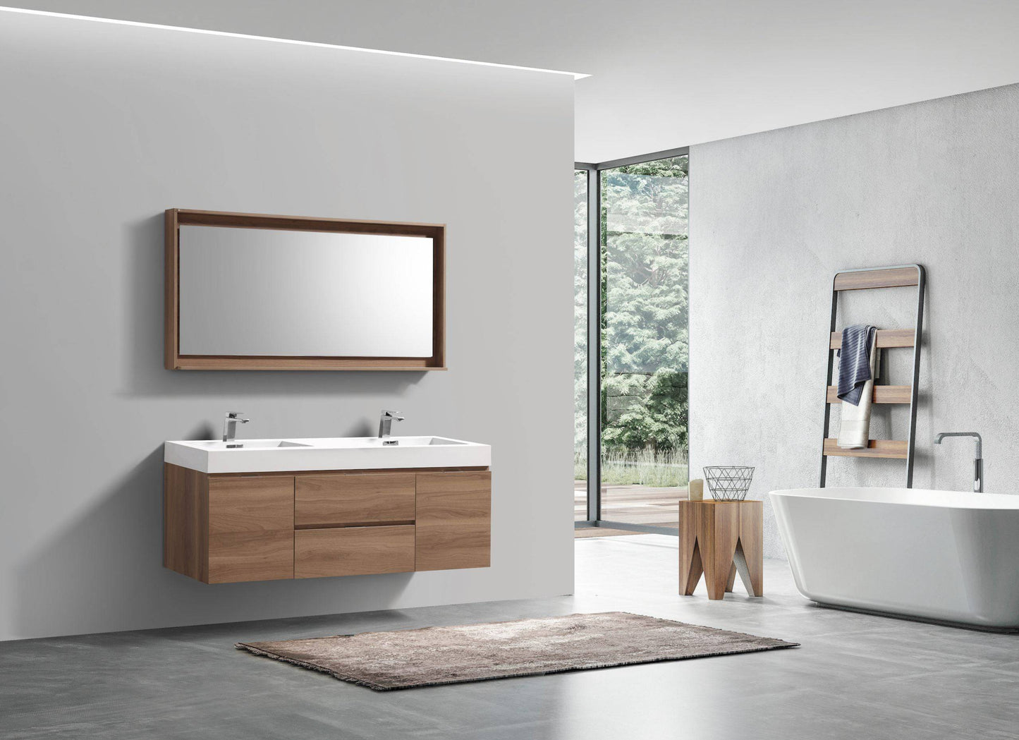 Kube Bath Bliss 60" Wall Mount / Wall Hung Double Sink Bathroom Vanity With 2 Drawers And 2 Doors Acrylic Countertop - Renoz