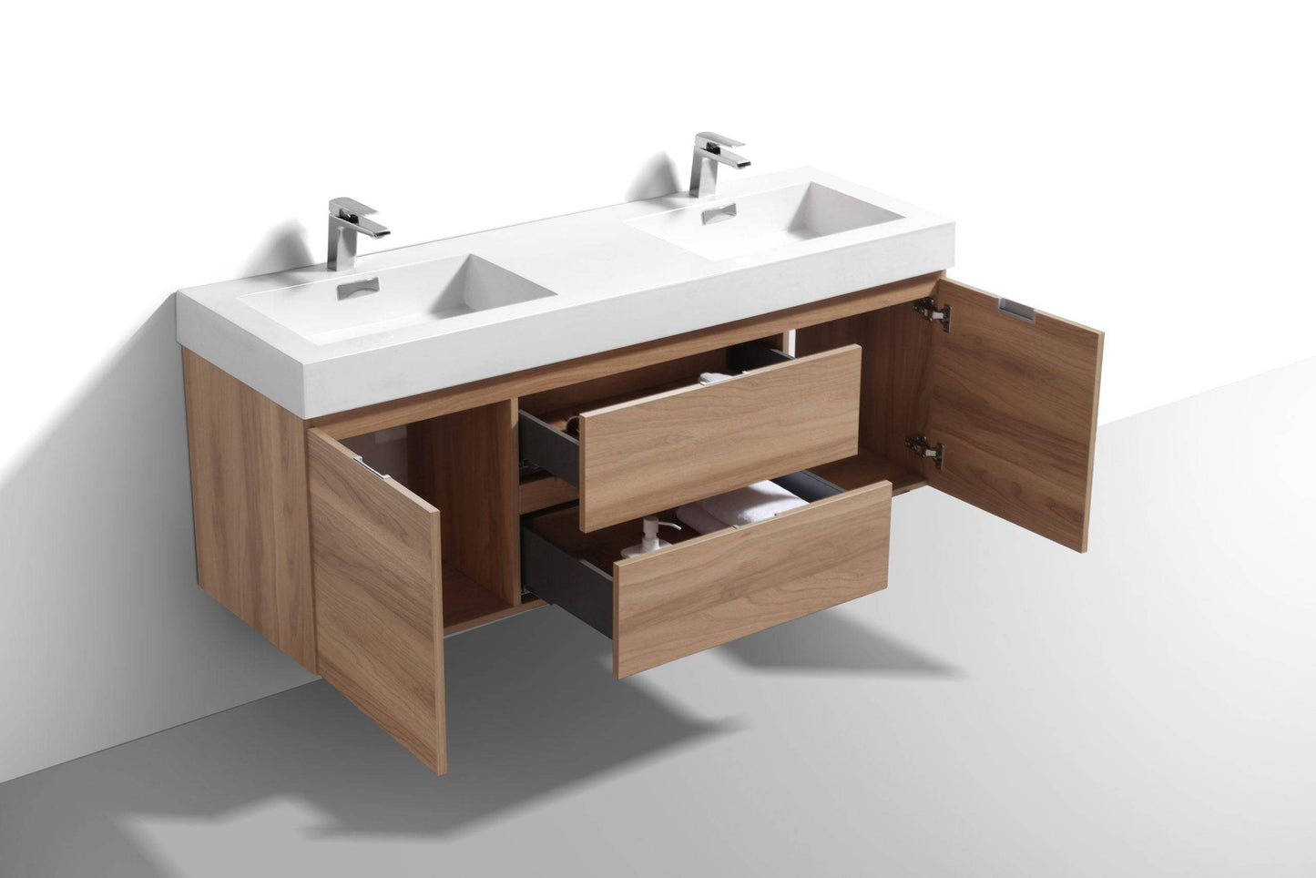 Kube Bath Bliss 60" Wall Mount / Wall Hung Double Sink Bathroom Vanity With 2 Drawers And 2 Doors Acrylic Countertop - Renoz