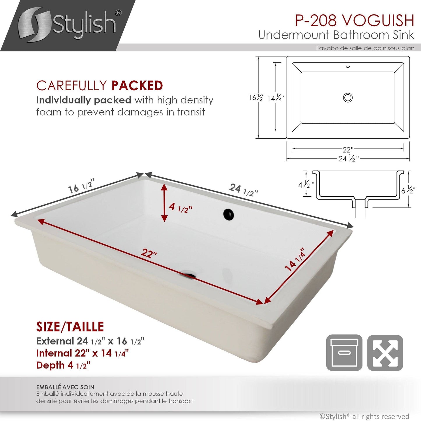 Stylish Voguish 24" x 16" Rectangular Undermount Ceramic Bathroom Sink with 2 Overflow Finishes P-208 - Renoz