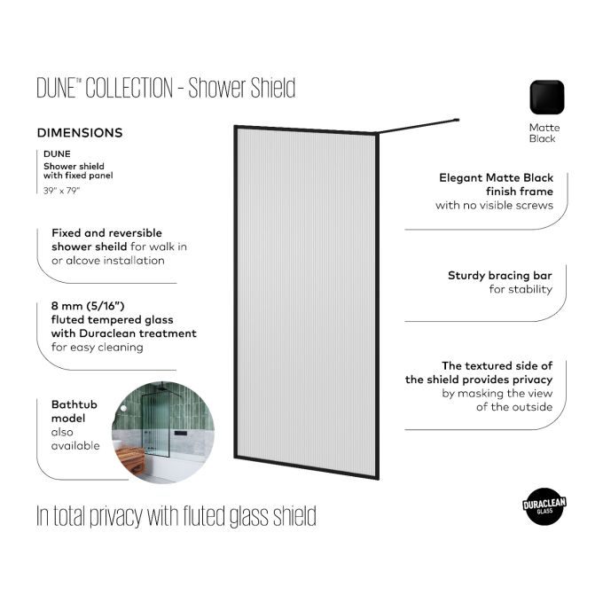 Kalia Dune Framed Shower Shield Matte Black Fluted Glass (DR2077)