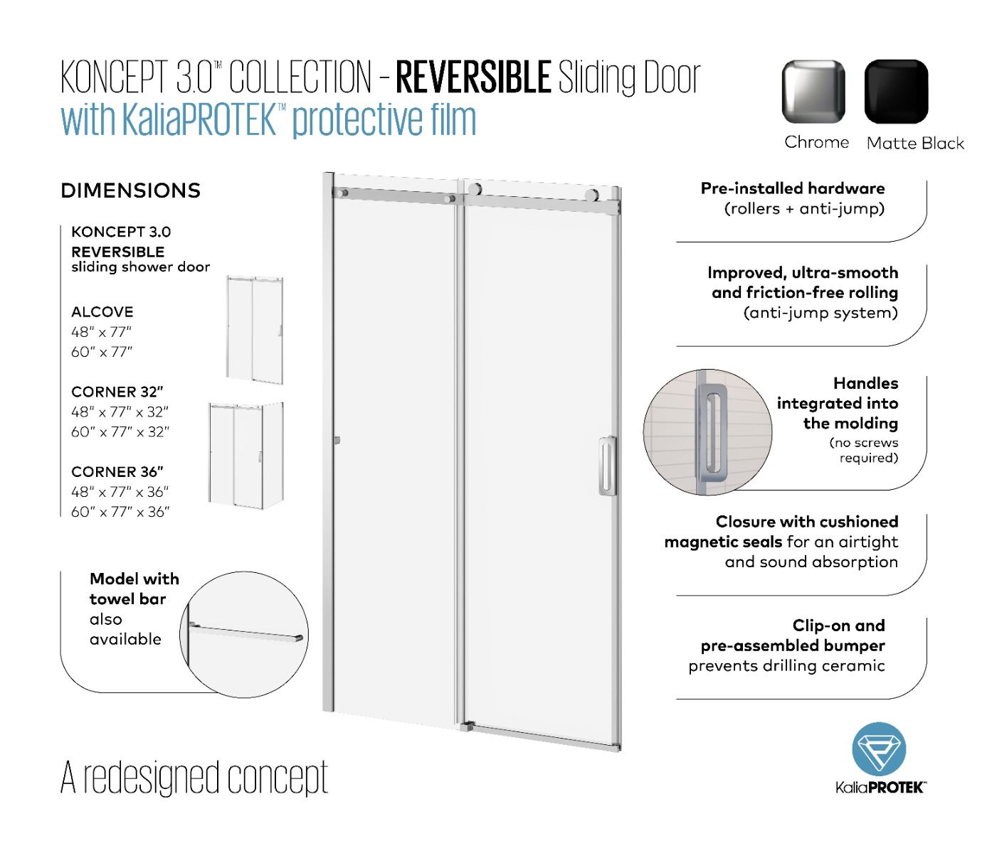 Kalia K3 48 X 77” Sliding Shower Door With Kp Protective Film