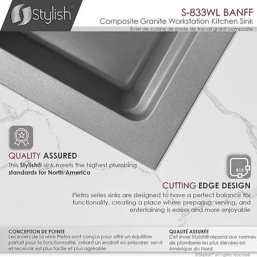 Stylish Banff 33" x 18" Dual Mount Workstation Double Bowl Gray Composite Granite Kitchen Sink with Built in Accessories - Renoz