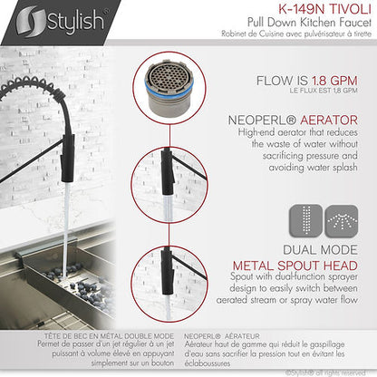 Stylish Kitchen Sink Faucet Single Handle Pull Down Dual Mode Matte Black Finish K-149N