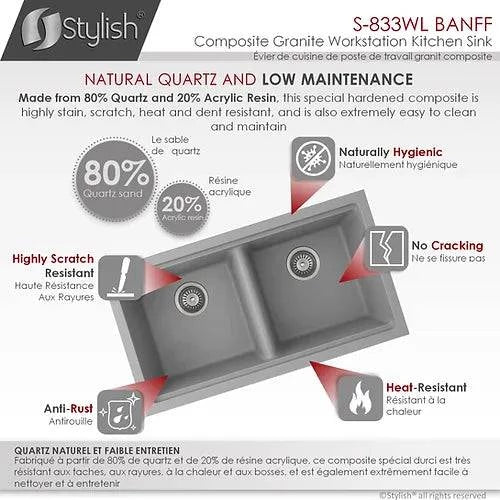 Stylish Banff 33" x 18" Dual Mount Workstation Double Bowl Gray Composite Granite Kitchen Sink with Built in Accessories - Renoz