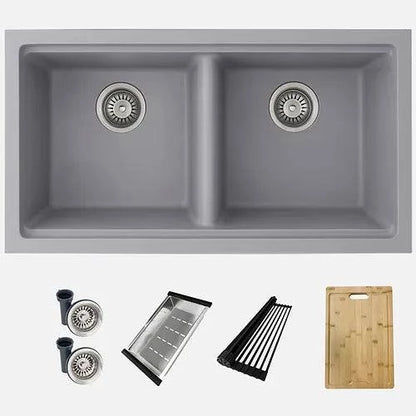 Stylish Banff 33" x 18" Dual Mount Workstation Double Bowl Gray Composite Granite Kitchen Sink with Built in Accessories - Renoz