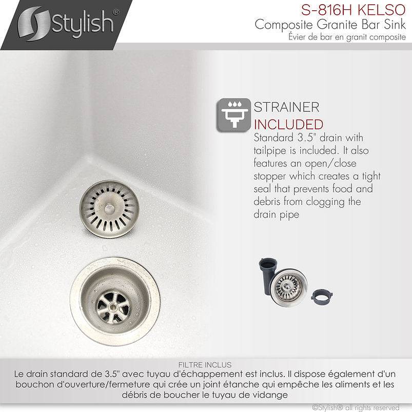 Stylish Kelso 15.5" x 17.5" Dual Mount Single Bowl White Composite Granite Kitchen Sink with Strainer - Renoz