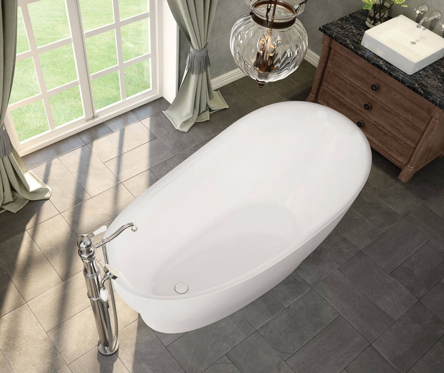 Maax Joan 61 x 32 Acrylic Freestanding End Drain Bathtub in White with White Skirt 106387