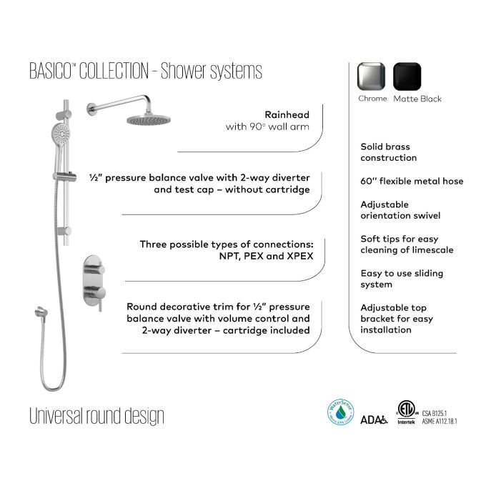 Kalia Basico Pb4 - 1/2” Pressure Balance Shower System Without Valve (BF1907)