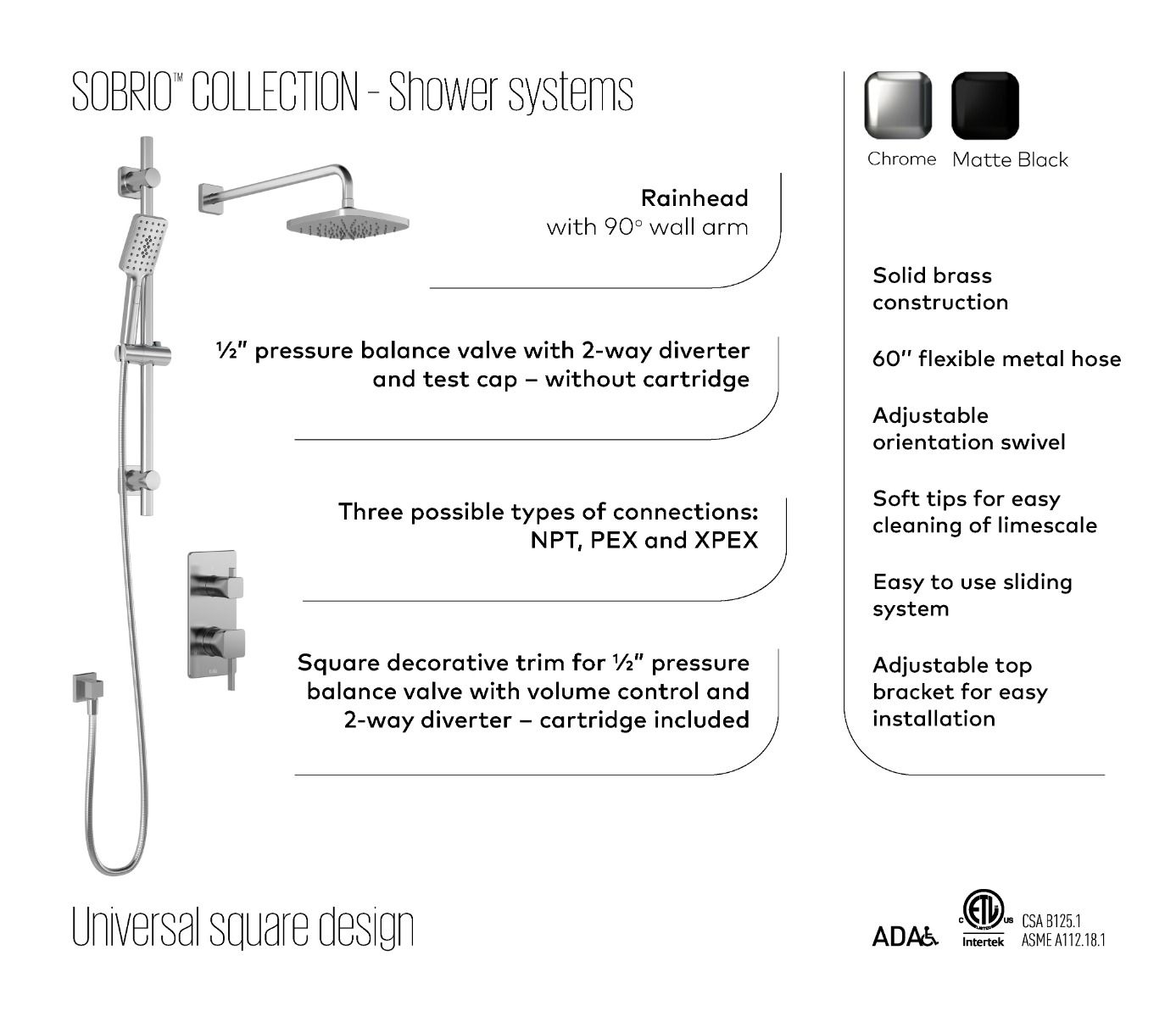 Kalia Sobrio Pb4 - 1/2” Pressure Balance Shower System Without Valve