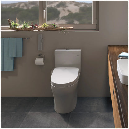 Toilette allongée monobloc à double chasse Toto Aquia IV 0,9 / 1,28 GPF avec chasse d'eau à bouton-poussoir