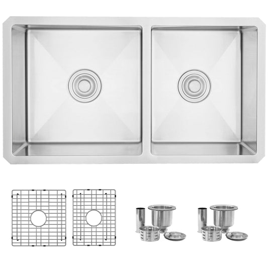 Stylish Beryl 33" x 18" Double Bowl 60/40 Reversible Undermount 16G Stainless Steel Kitchen Sink S-322XG - Renoz