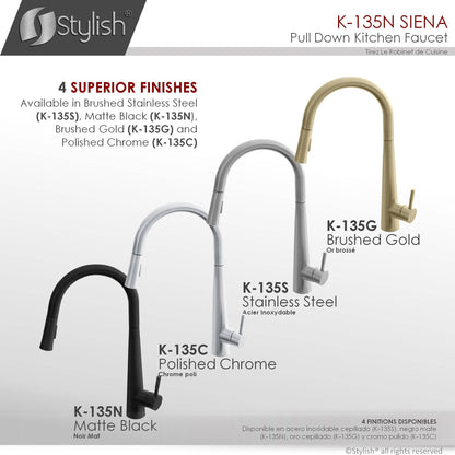 Stylish Siena 17" Kitchen Faucet Single Handle Pull Down Dual Mode Stainless Steel in Matte Black Finish K-135N - Renoz