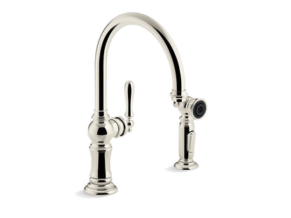 Kohler Artifacts 2 Hole Kitchen Sink Faucet With 14-11/16" Swing Spout And Matching Finish Two Function Side Spray With Sweep And Berrysoft Spray, Arc Spout Design- Vibrant Polished Nickel