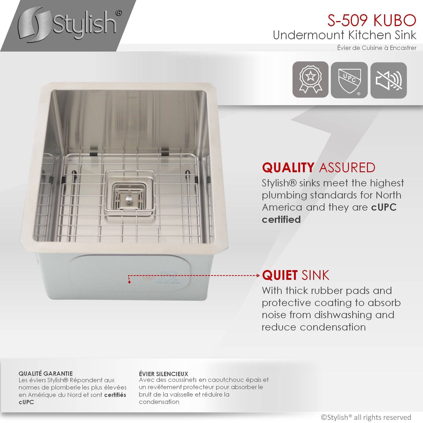 Stylish Kubo 16" x 18" Single Bowl Stainless Steel Kitchen Sink with Square Strainer S-509XG - Renoz