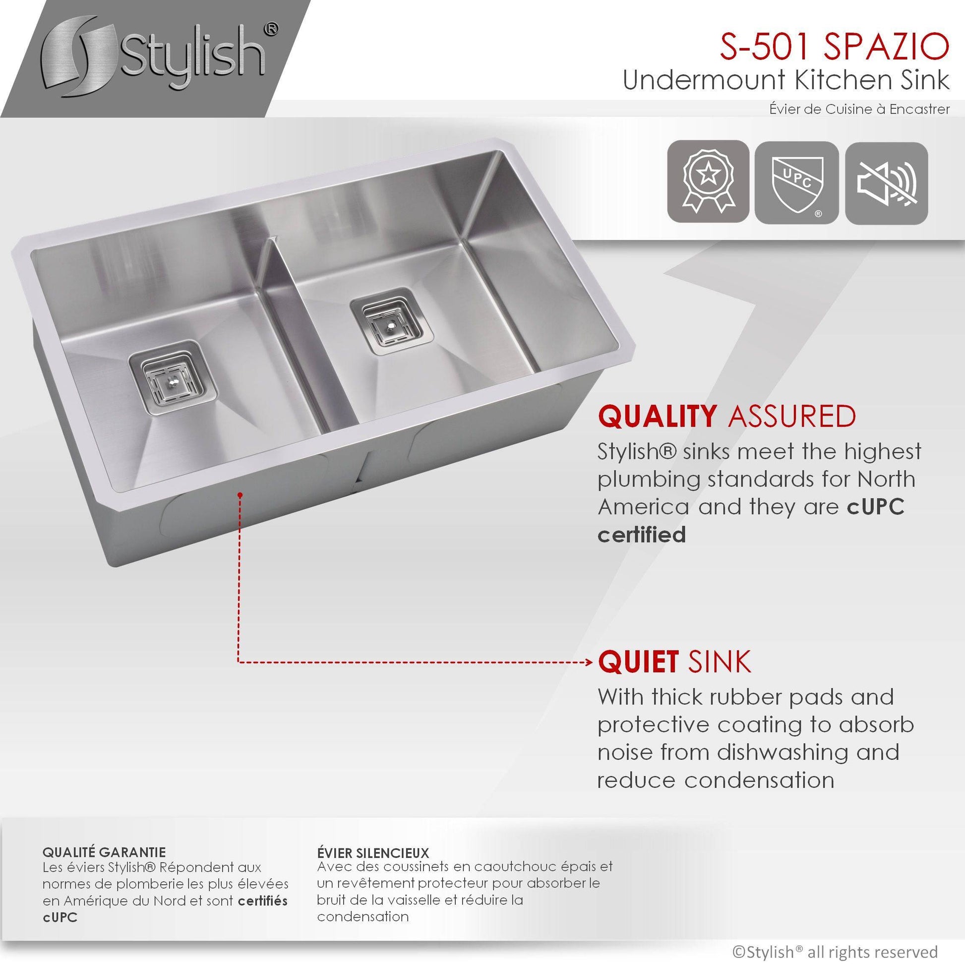 Stylish Spazio 33" x 18" Slim Low Divider Double Bowl Undermount Stainless Steel Kitchen Sink S-501XG - Renoz