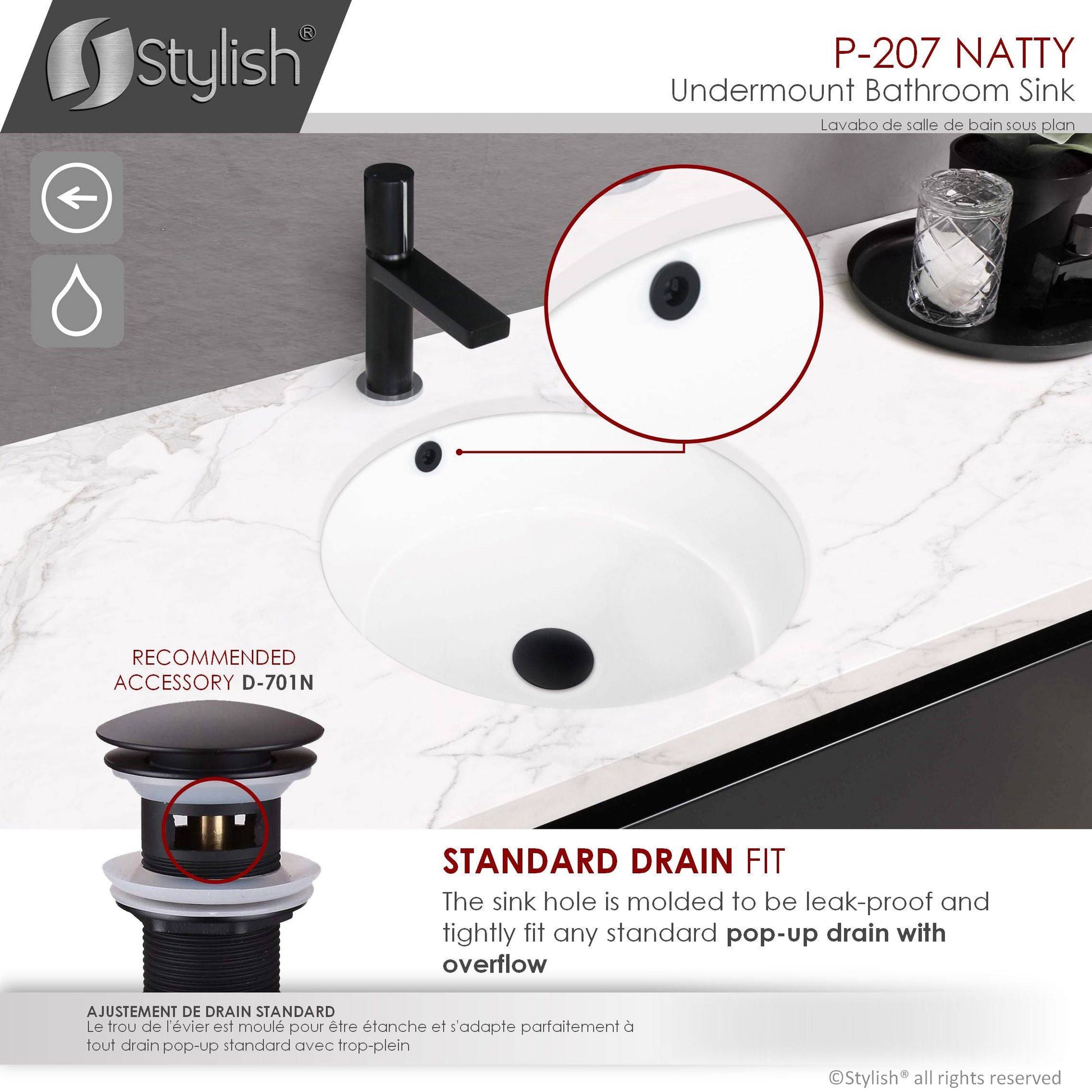 Stylish Natty 16" x 16" Round Undermount Ceramic Bathroom Sink with 2 Overflow Finishes P-207 - Renoz