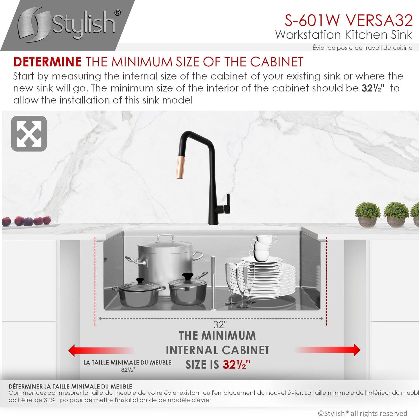 Stylish Versa 32 32" x 19" Workstation Double Bowl Undermount Kitchen Sink with Built in Accessories S-601W - Renoz