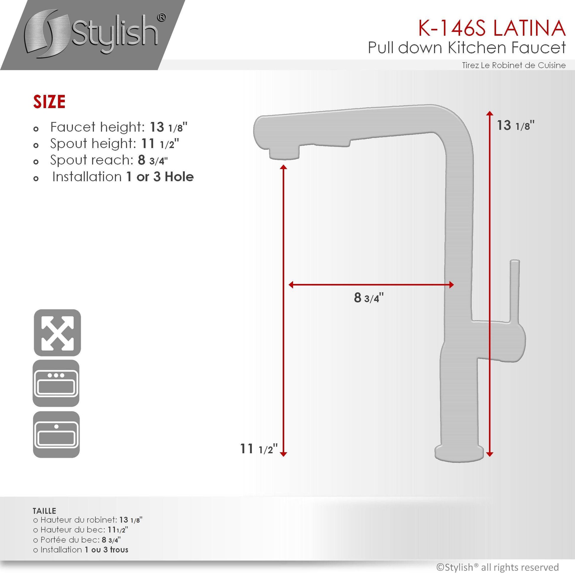 Stylish Latina 13" Kitchen Faucet Single Handle Pull Down Dual Mode Stainless Steel Brushed Finish K-146S - Renoz