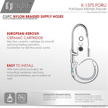 Stylish Forli 18.5" Kitchen Faucet Single Handle Pull Down Dual Mode Stainless Steel Brushed Finish K-137S - Renoz