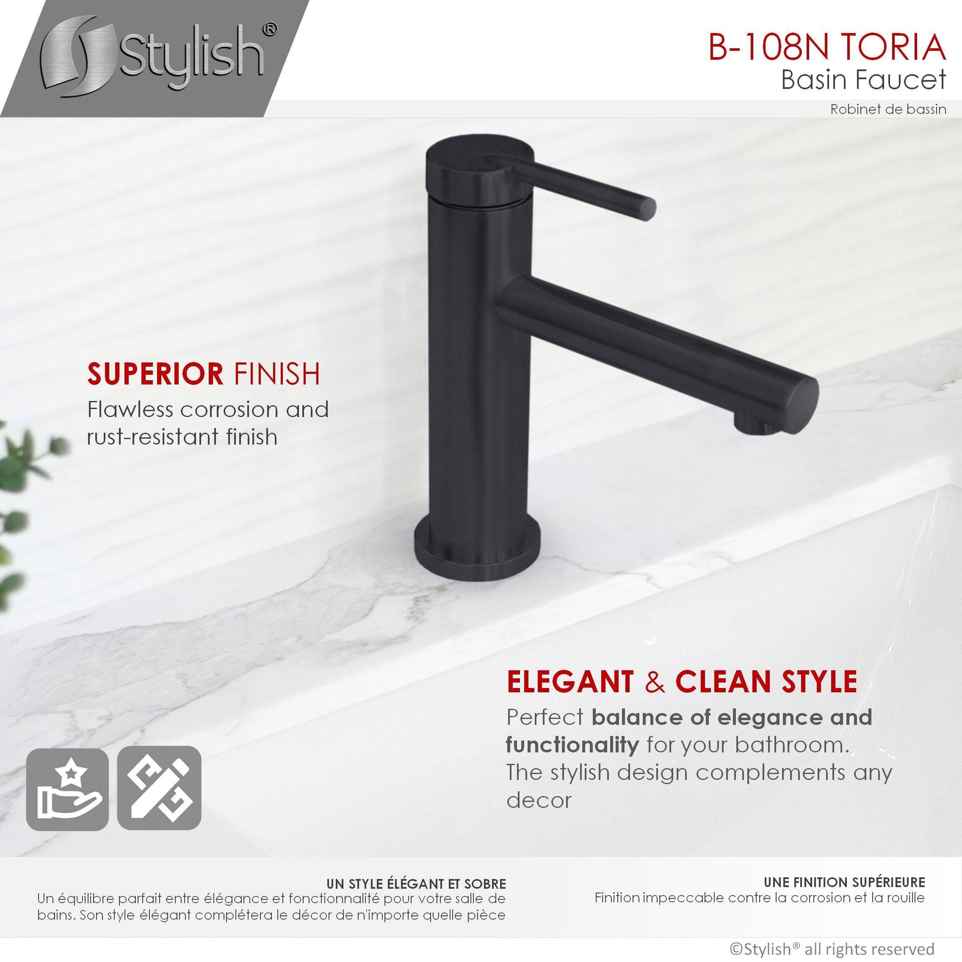 Stylish Toria 6" Single Handle Basin Bathroom Faucet in Matte Black Finish B-108N - Renoz