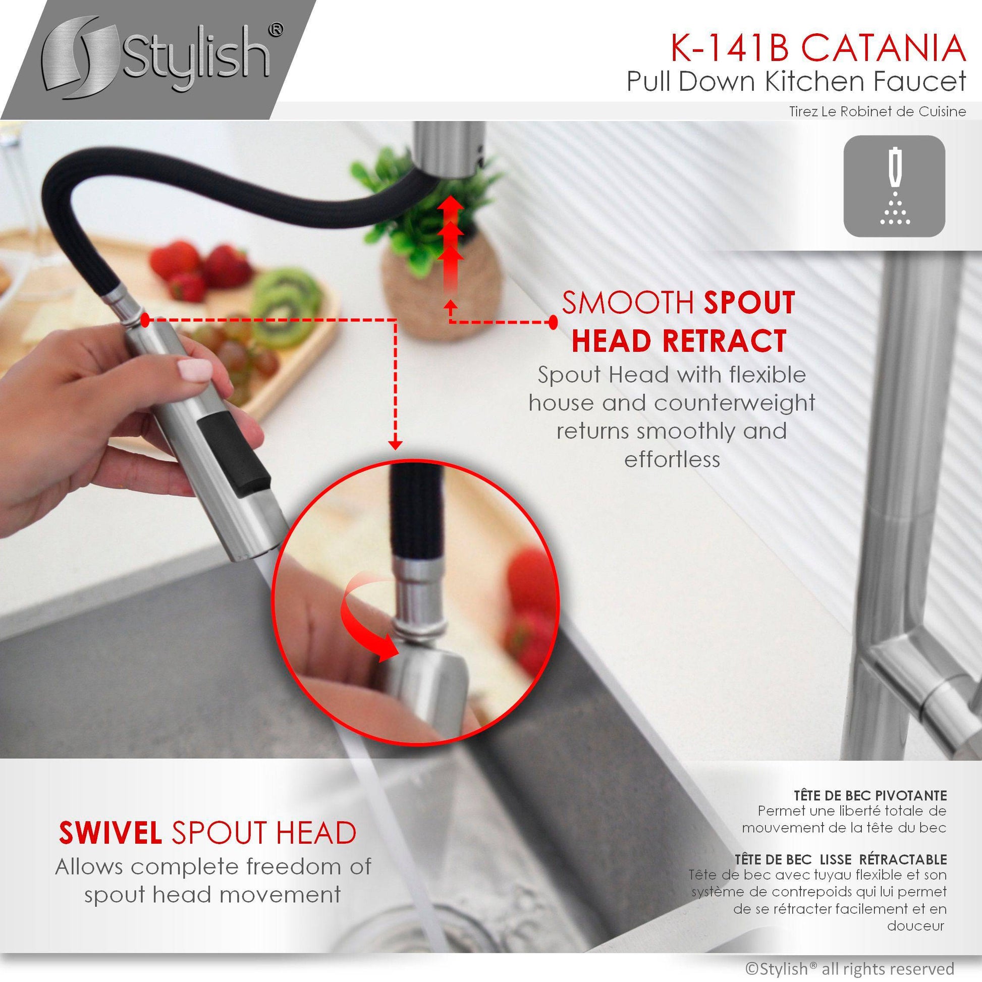 Stylish Catania 17.25" Kitchen Faucet Single Handle Pull Down Dual Mode Lead Free Brushed Nickel Finish K-141B - Renoz