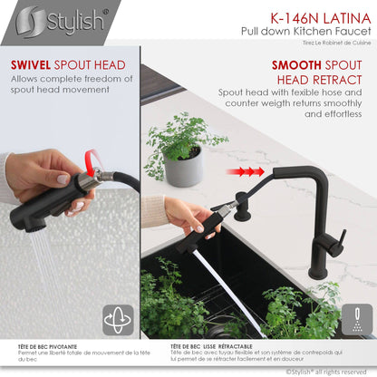 Stylish Latina 13" Kitchen Faucet Single Handle Pull Down Dual Mode Matte Black Finish K-146N - Renoz