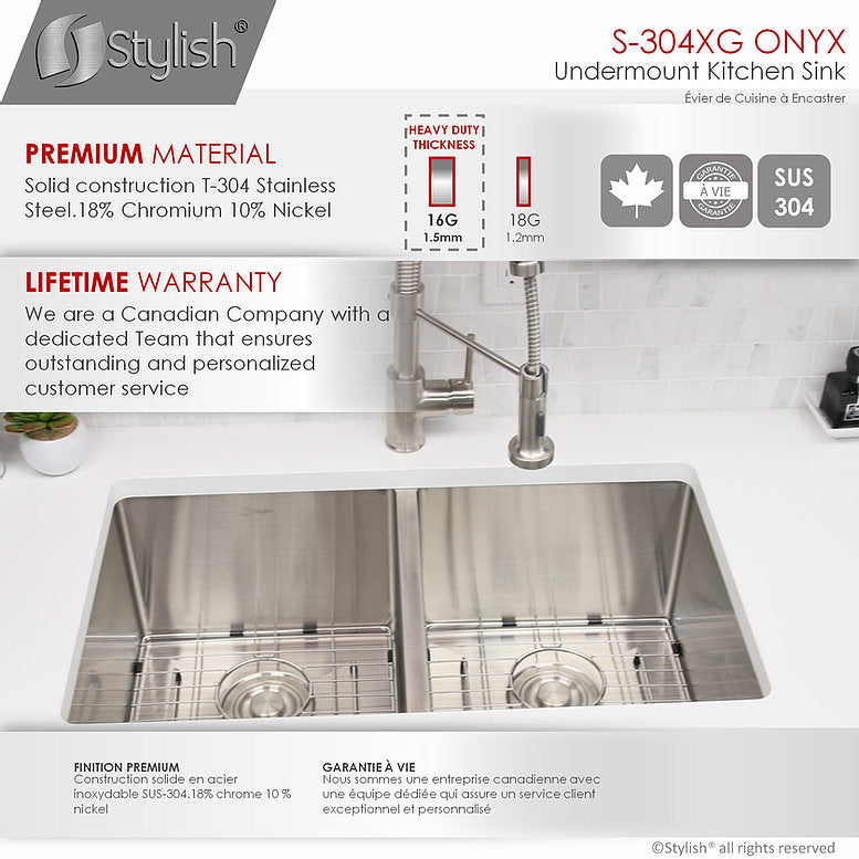 Stylish Onyx 30" x 18" Double Bowl Undermount Stainless Steel Kitchen Sink S-304XG - Renoz