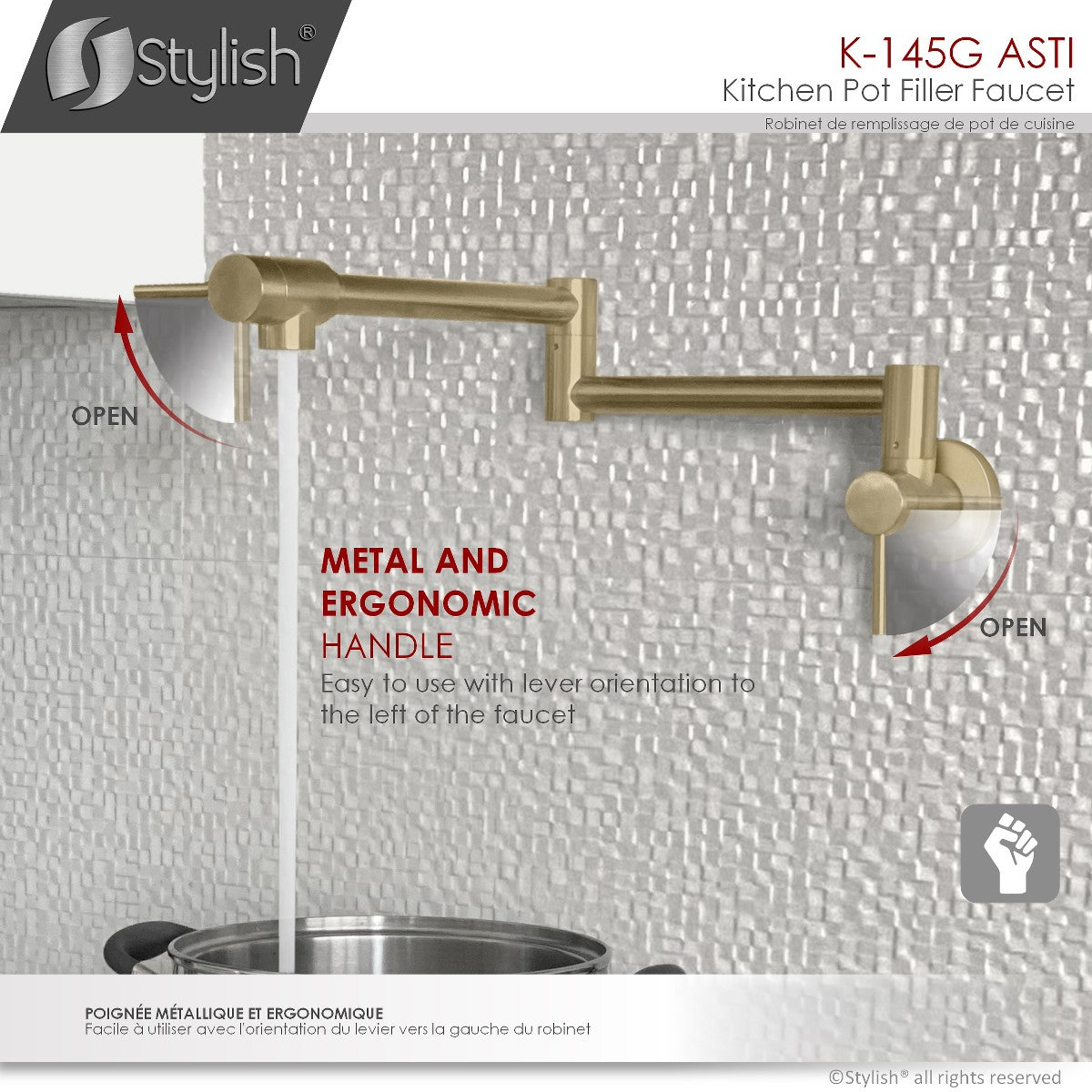 Stylish ASTI Stainless Steel Wall Mount Pot Filler Folding Stretchable with Single Hole Two Handles - Brushed Gold Finish K-145G