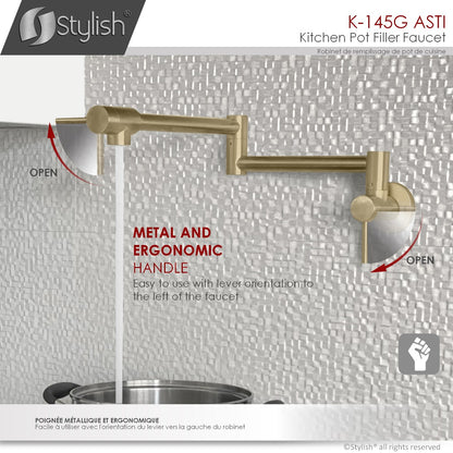 Stylish ASTI Stainless Steel Wall Mount Pot Filler Folding Stretchable with Single Hole Two Handles - Brushed Gold Finish K-145G