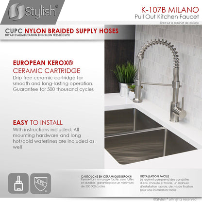 Stylish Milano 17.5" Kitchen Faucet Single Handle Pull Down Dual Mode Lead Free Brushed Nickel Finish K-107B - Renoz