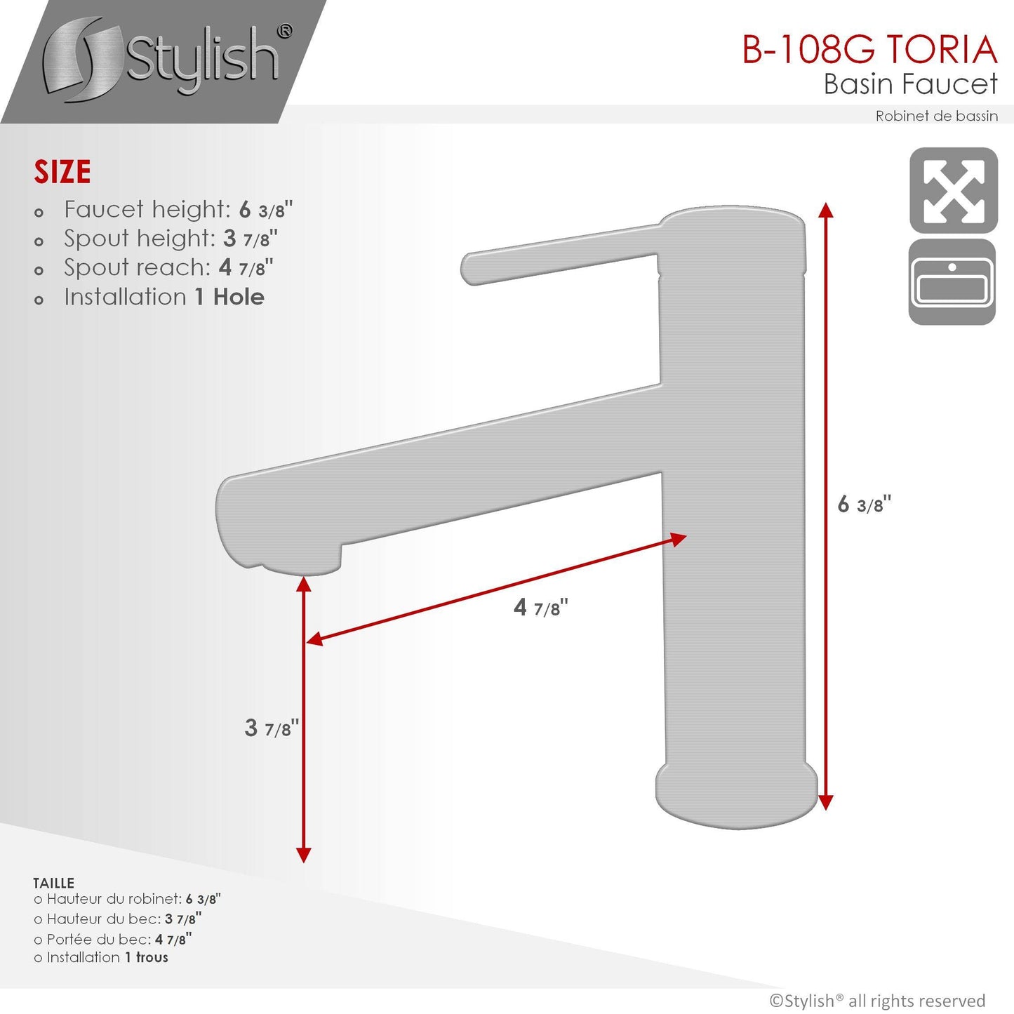 Stylish Toria 6" Single Handle Basin Bathroom Faucet in Brushed Gold Finish B-108G - Renoz