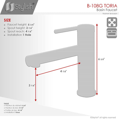 Stylish Toria 6" Single Handle Basin Bathroom Faucet in Brushed Gold Finish B-108G - Renoz