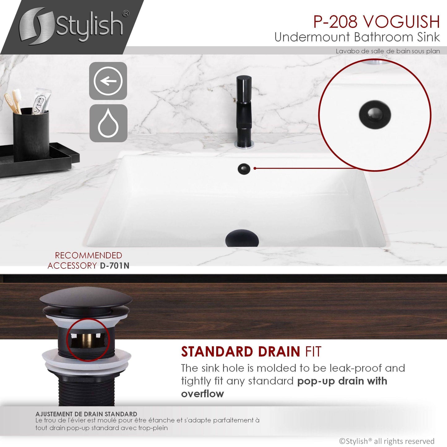 Stylish Voguish 24" x 16" Rectangular Undermount Ceramic Bathroom Sink with 2 Overflow Finishes P-208 - Renoz