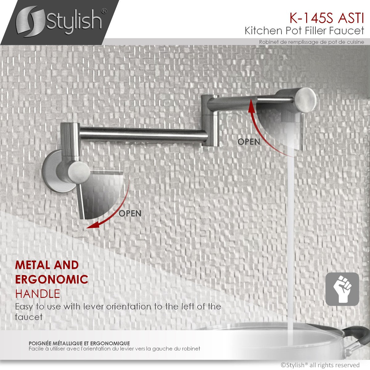 Stylish ASTI Stainless Steel Wall Mount Pot Filler Folding Stretchable with Single Hole Two Handles K-145S