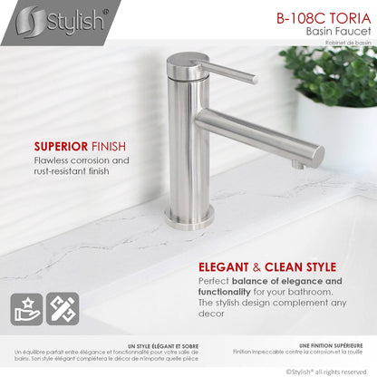 Stylish Toria 6" Single Handle Basin Bathroom Faucet in Stainless Steel Finish B-108S - Renoz